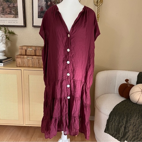 ERIKA‎ PENA Tiered Button Down Midi Dress Burgundy OS Bohemian - Picture 4 of 10
